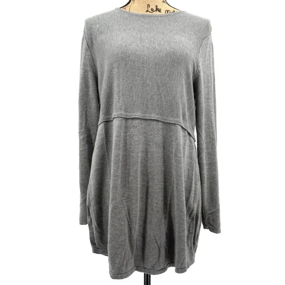 J. Jill Top Women M Gray Tunic Wool Blend Slit Round Neckline Knit‎ Casual